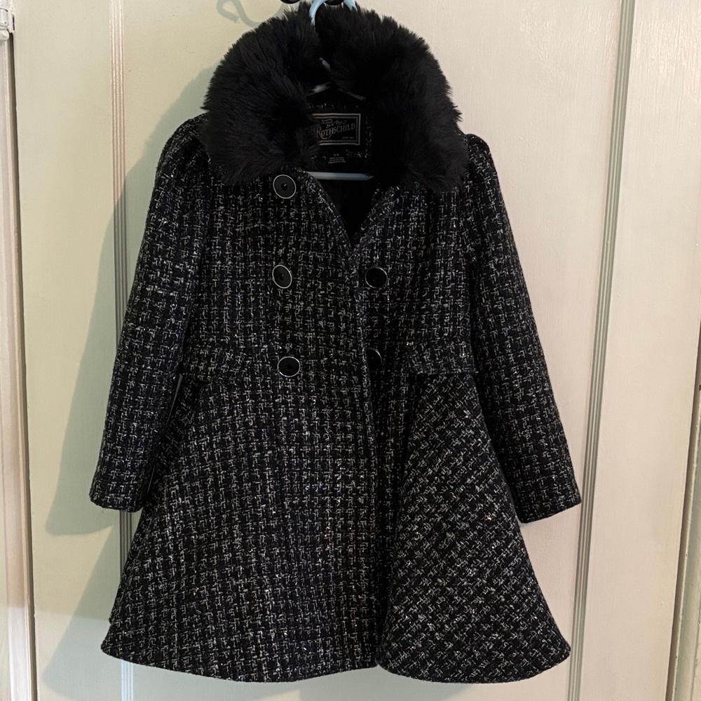 Rothschild Chic Black and White Tweed Coat with Faux Fur Collar